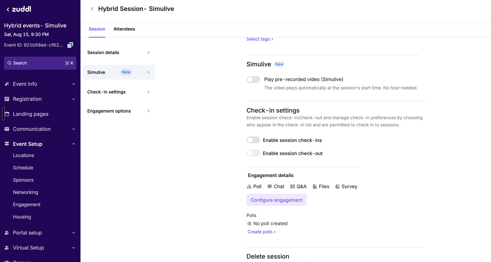 Simulive section in Session details with the toggle off