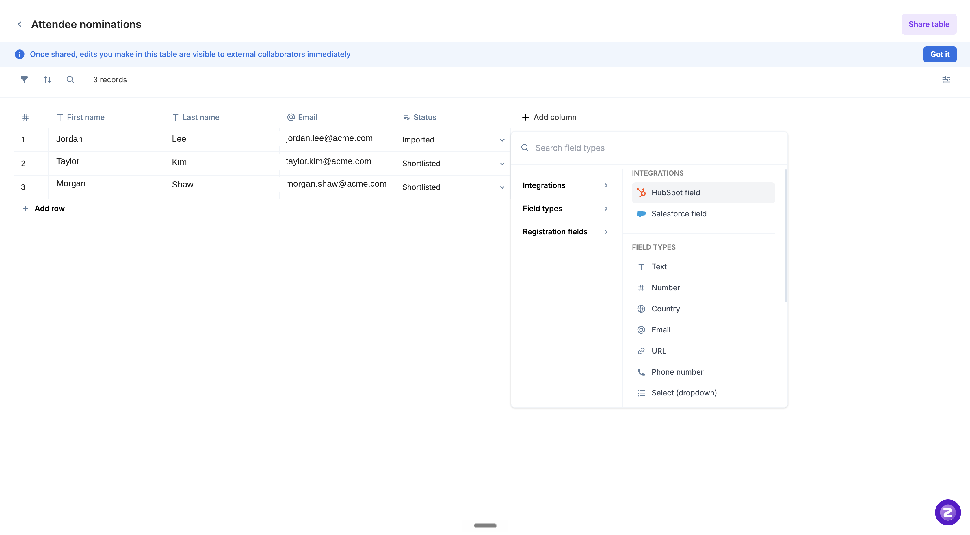 Add column - select an integration