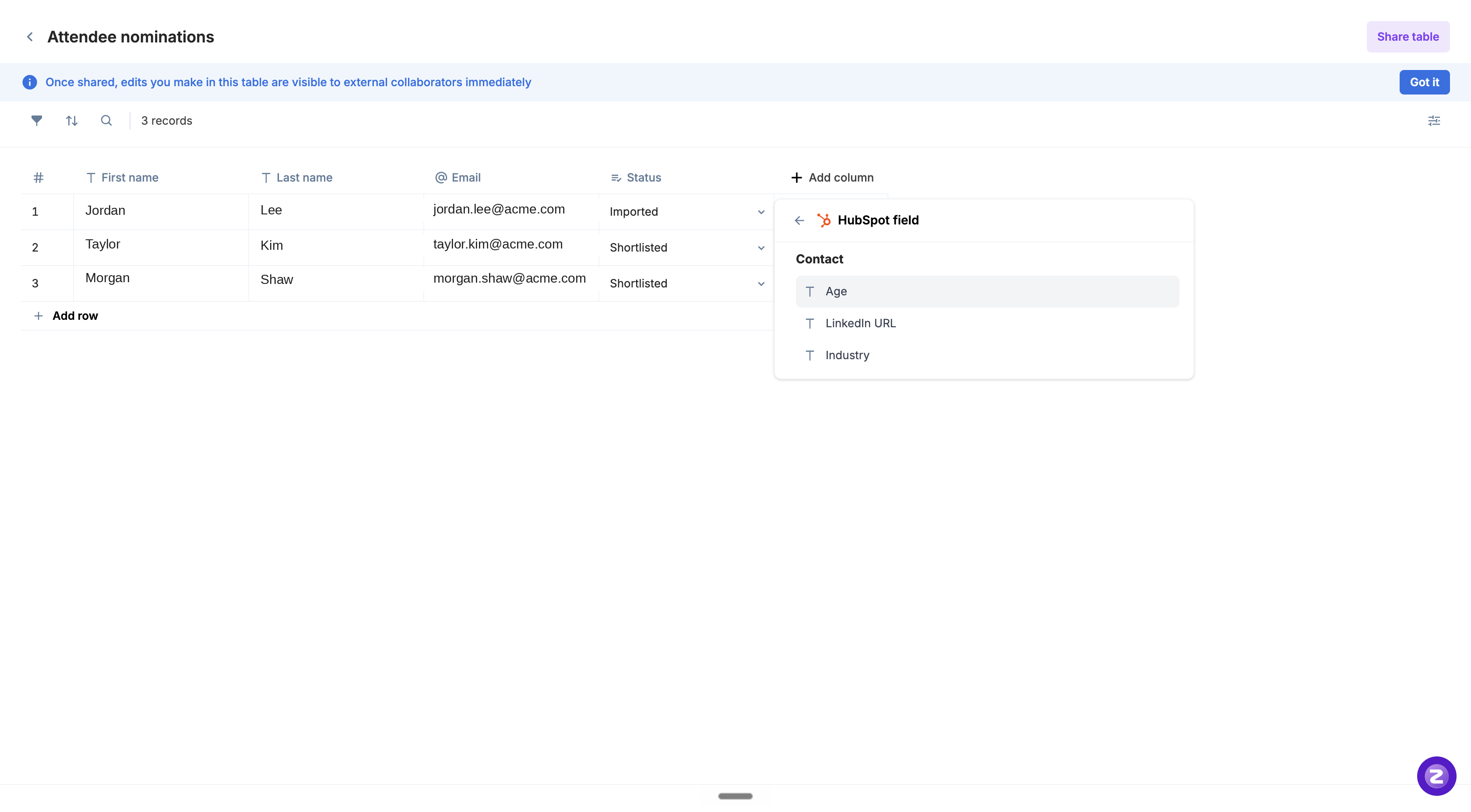 Select a connected field from the integration