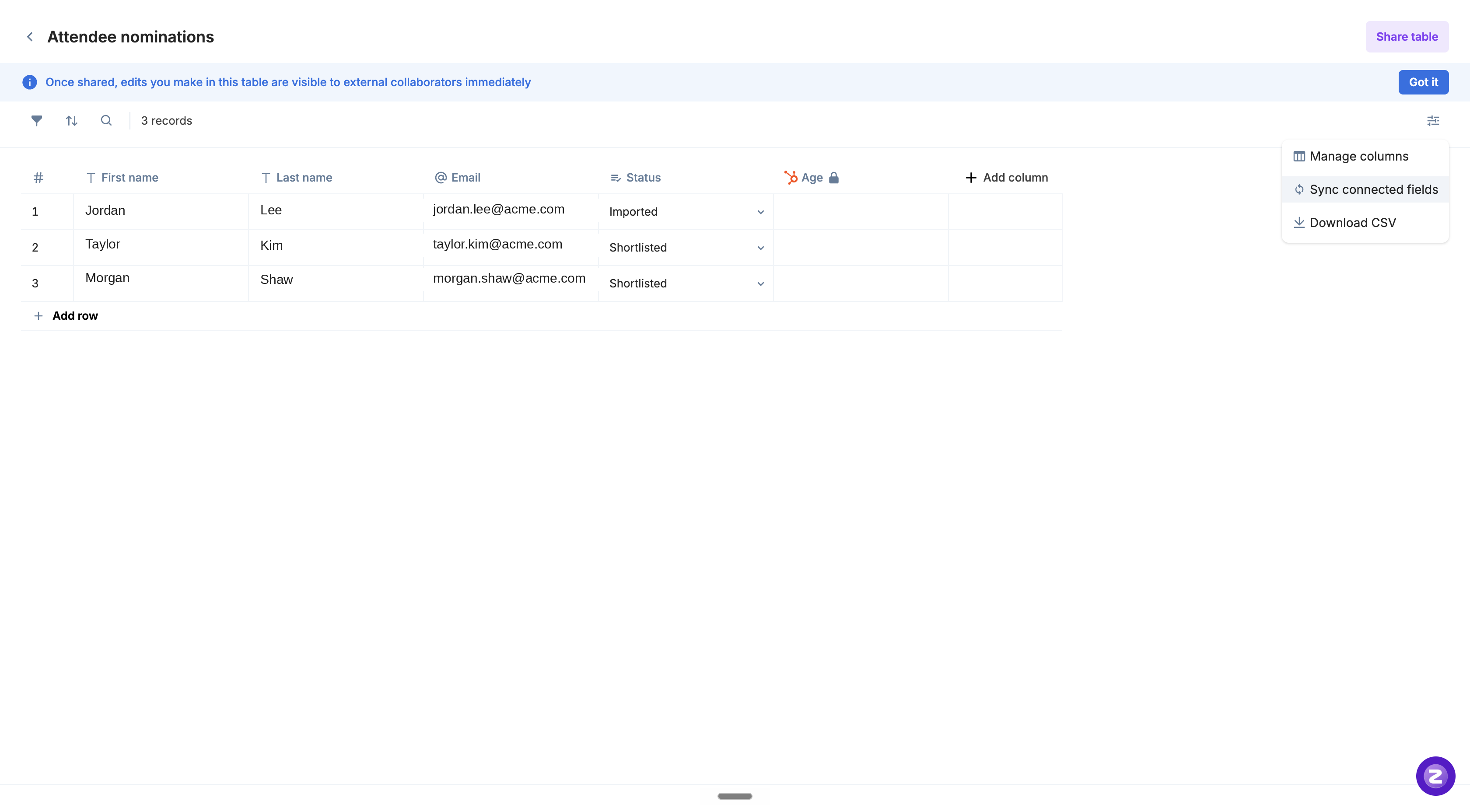 Sync connected fields from Manage columns menu