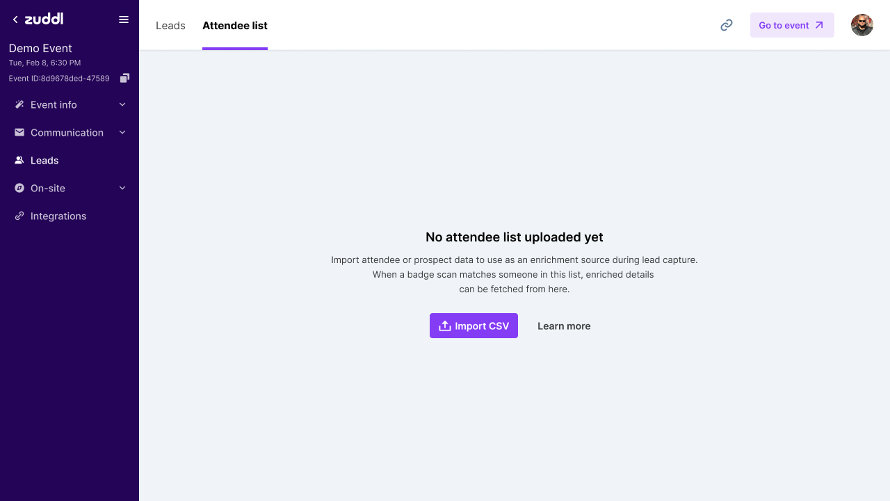 The empty Attendee list tab before any data is uploaded The empty Attendee list tab before any data is uploaded