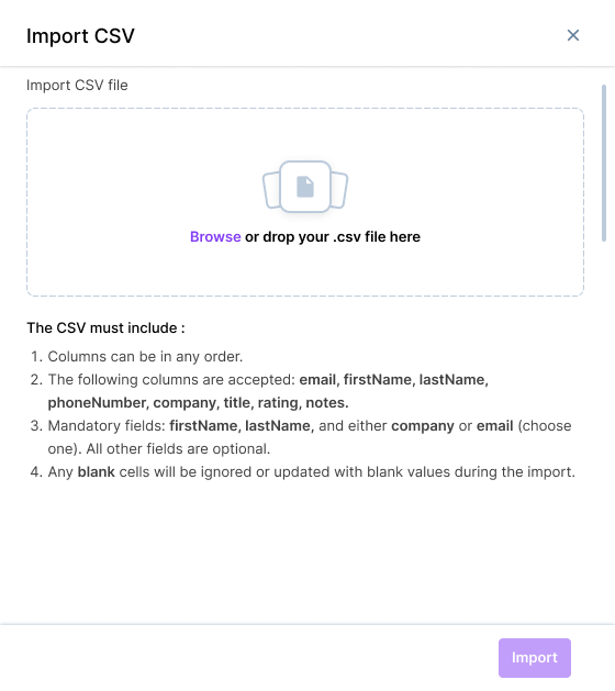 The Import CSV dialog with field requirements The Import CSV dialog with field requirements