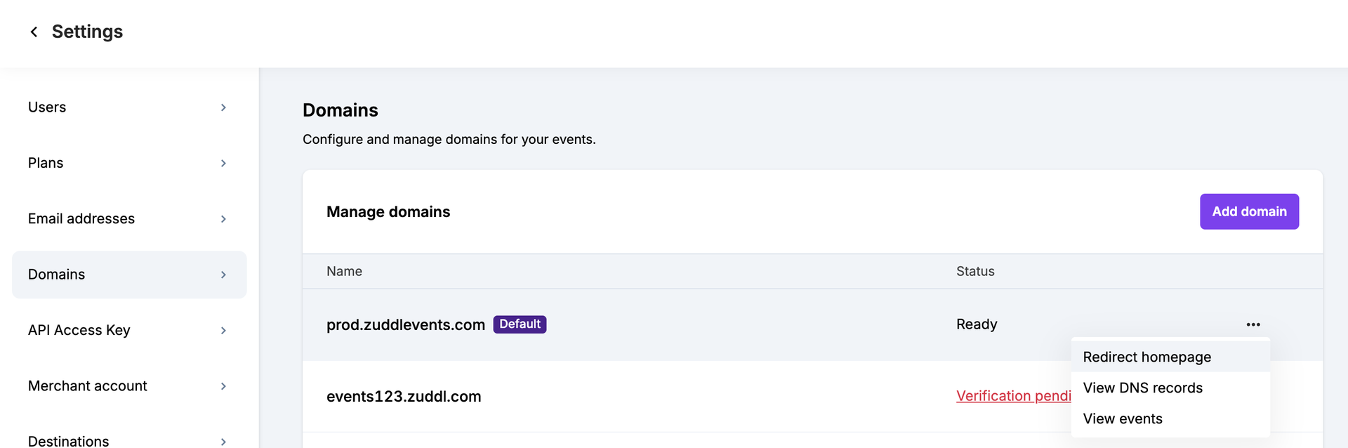 Redirect homepage option in the Domains settings menu Redirect homepage option in the Domains settings menu