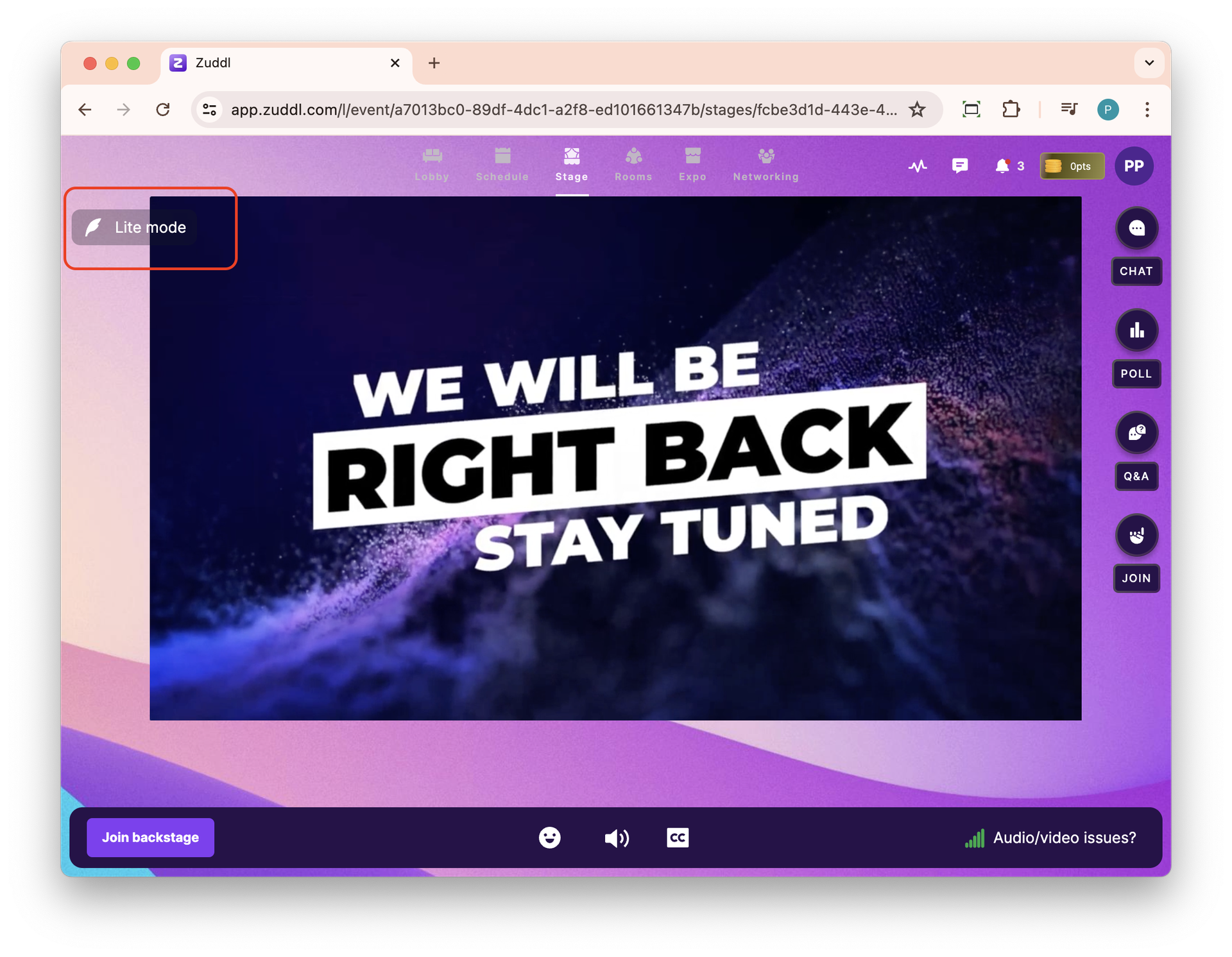 Lite mode label on the top left of the stream
