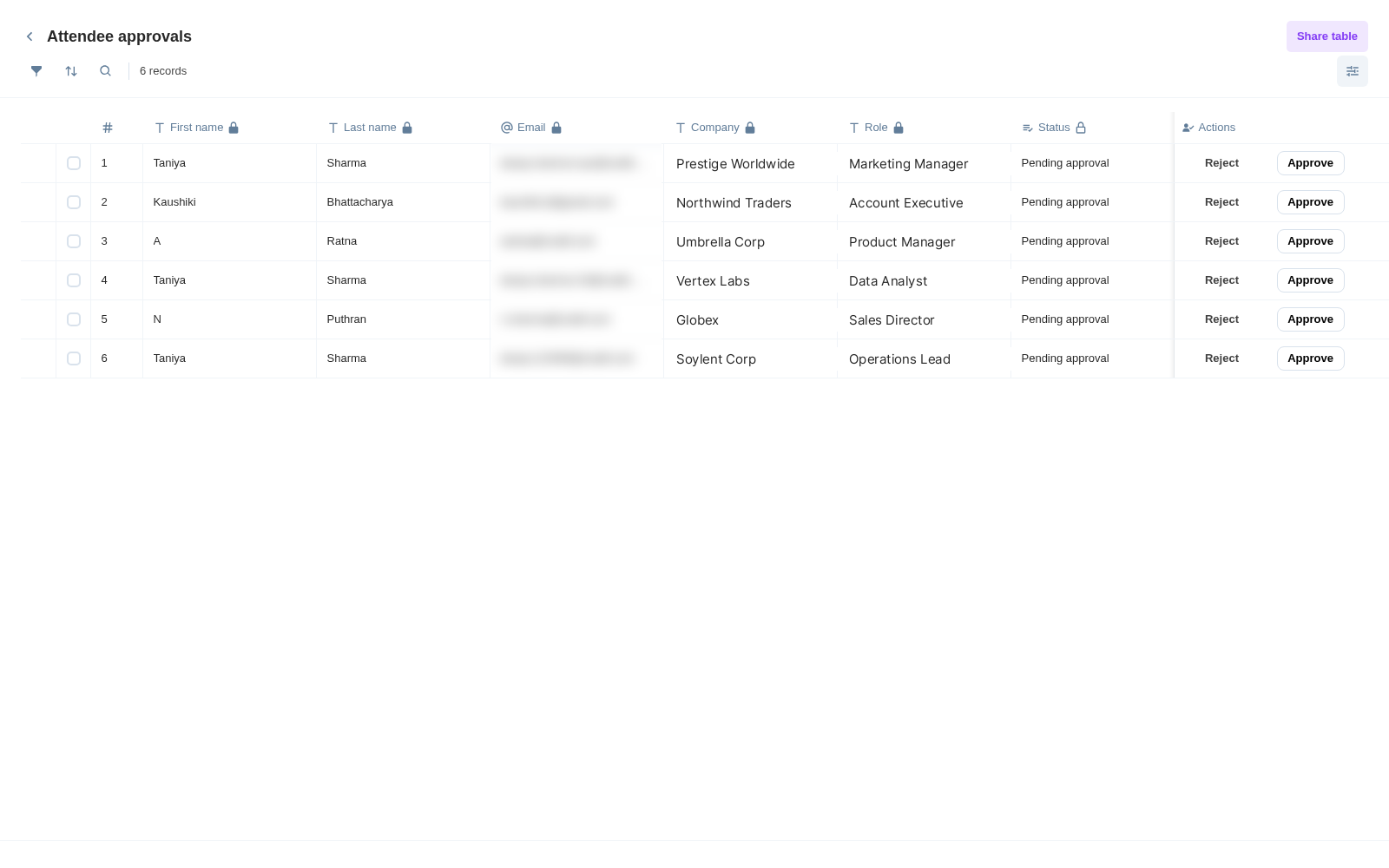 An Approvals Smart Table showing locked name and email columns, an editable Status column, and Approve/Reject actions per row An Approvals Smart Table showing locked name and email columns, an editable Status column, and Approve/Reject actions per row