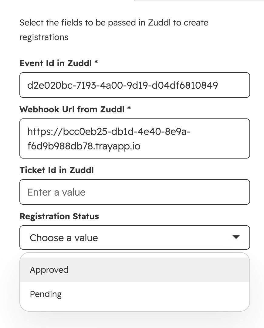 Registration Status field in the Zuddl Create Registration action Registration Status field in the Zuddl Create Registration action