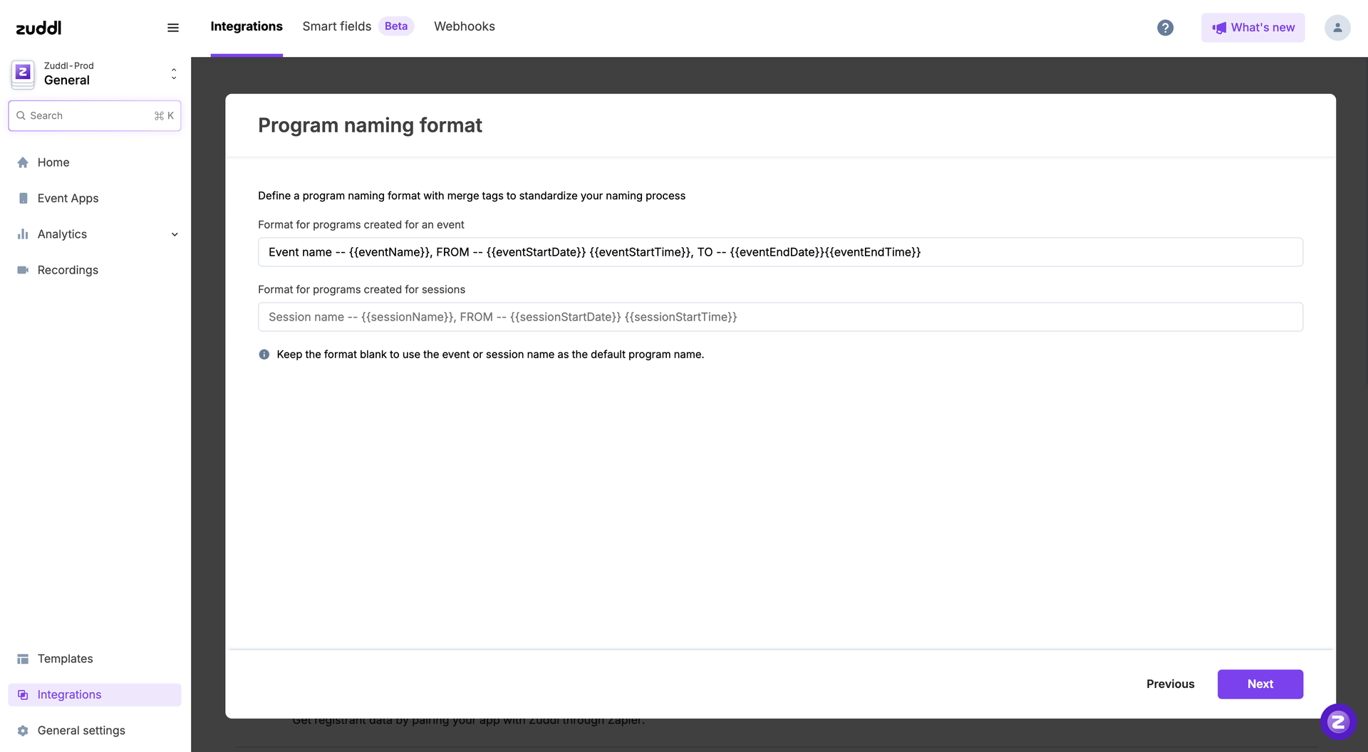 Program naming format Program naming format with event and session formats